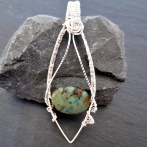 African Turquoise pendant turquose sterling silver wire weave