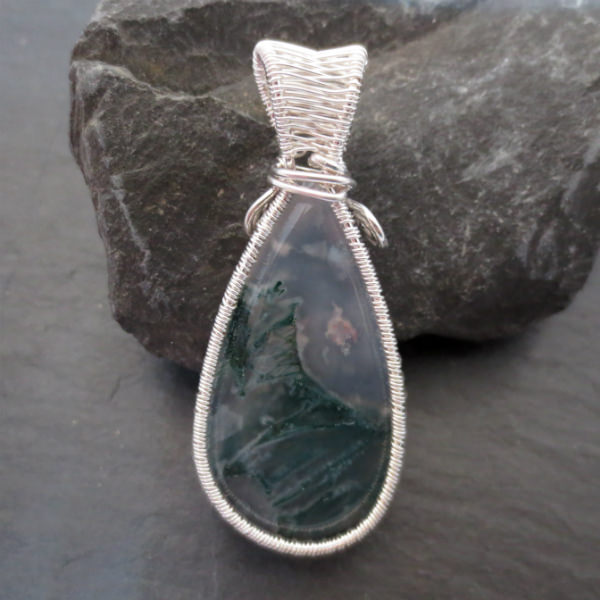 solar moss agate pendant sterling silver wire work