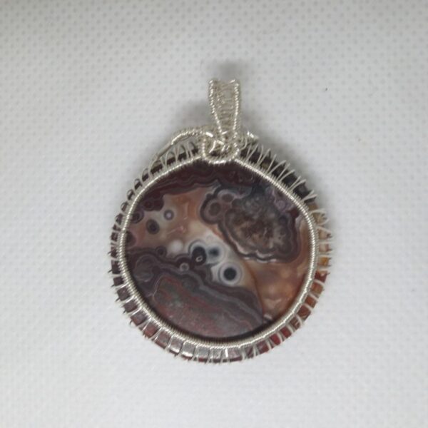 Crazy lace agate pendant sterling silver wirework